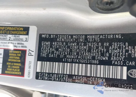 2016 Toyota Camry Se из США, поврежденный, VIN 4T1BF1FK1GU531986